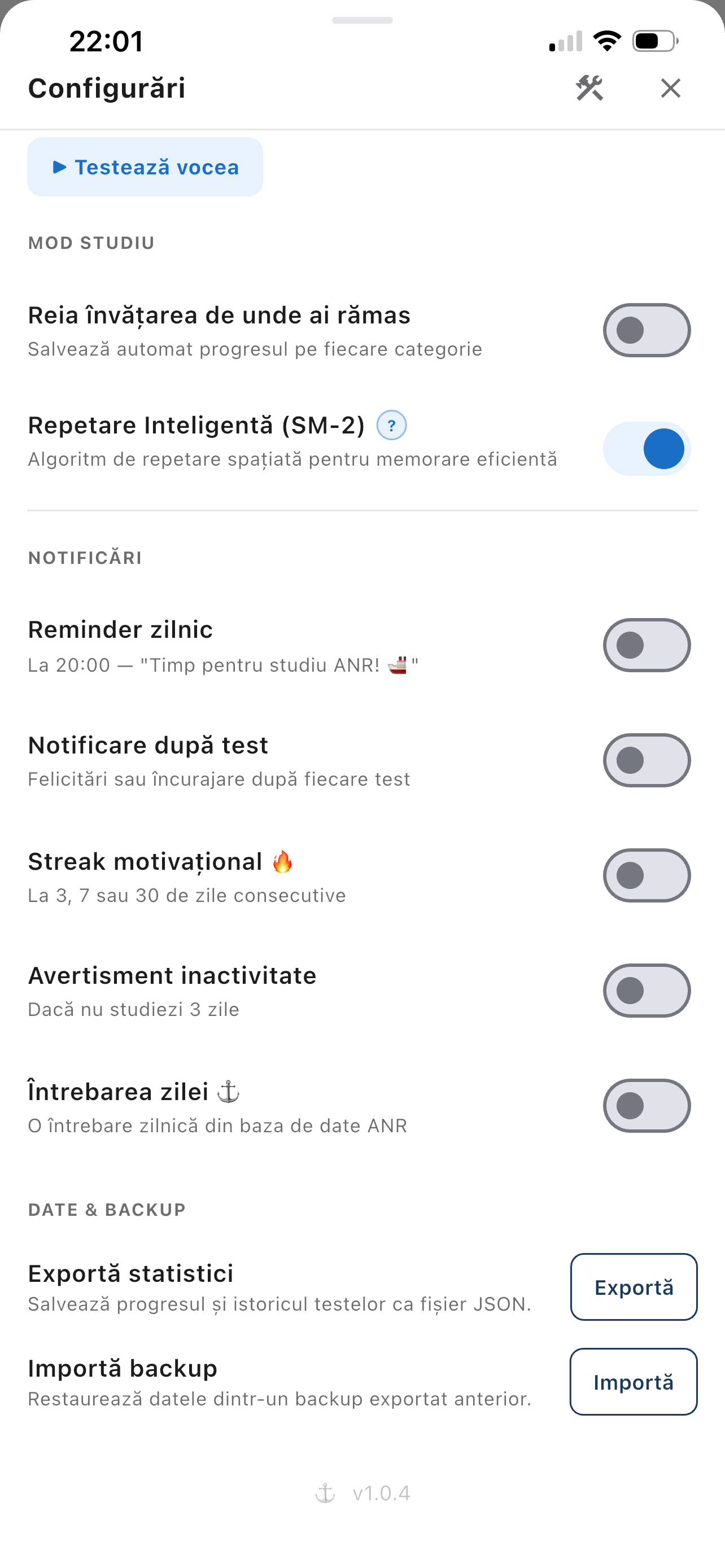 Configurări — Notificări și backup