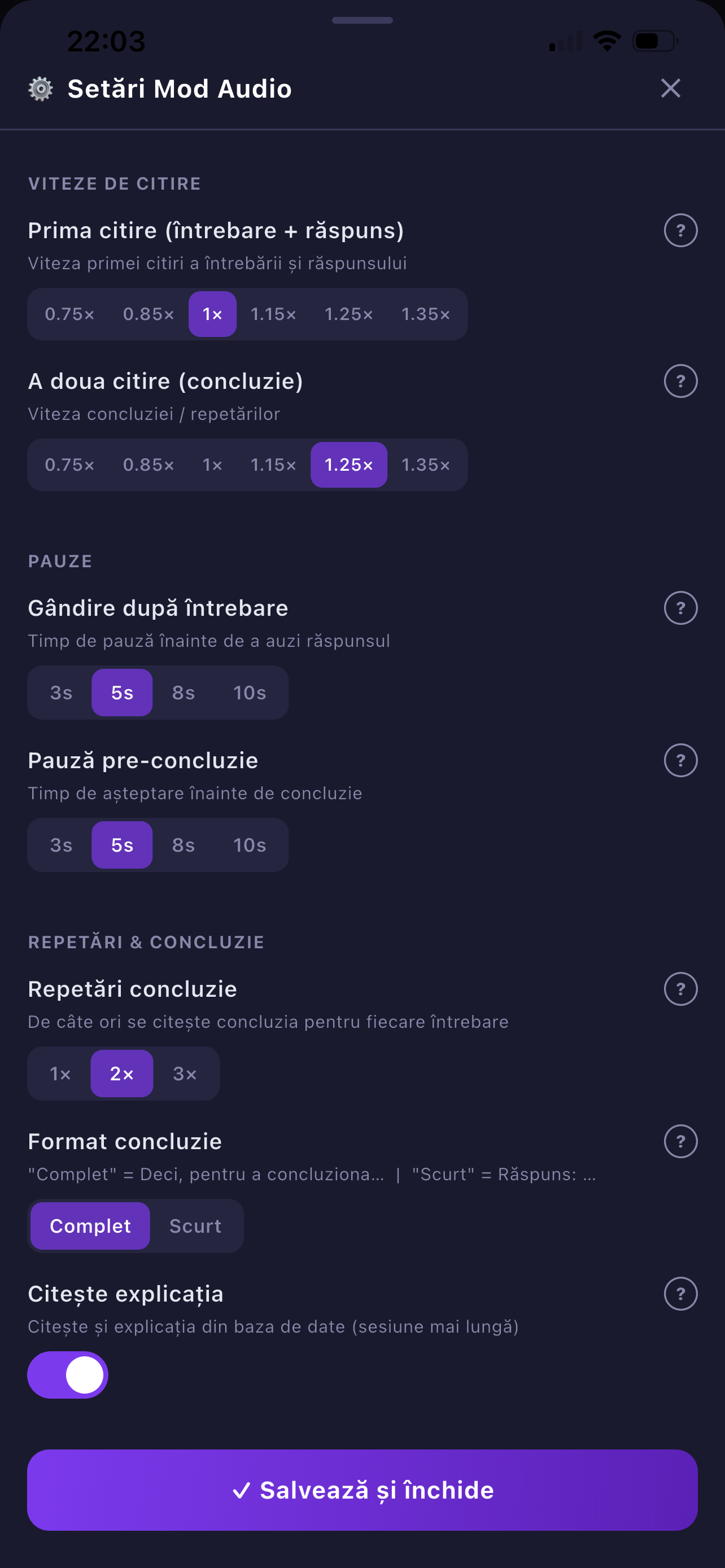 Mod Audio — Setări avansate